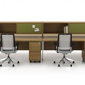 Wood workstation and grey chairs