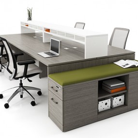 Dark wood 4 person workstation with comfy chairs